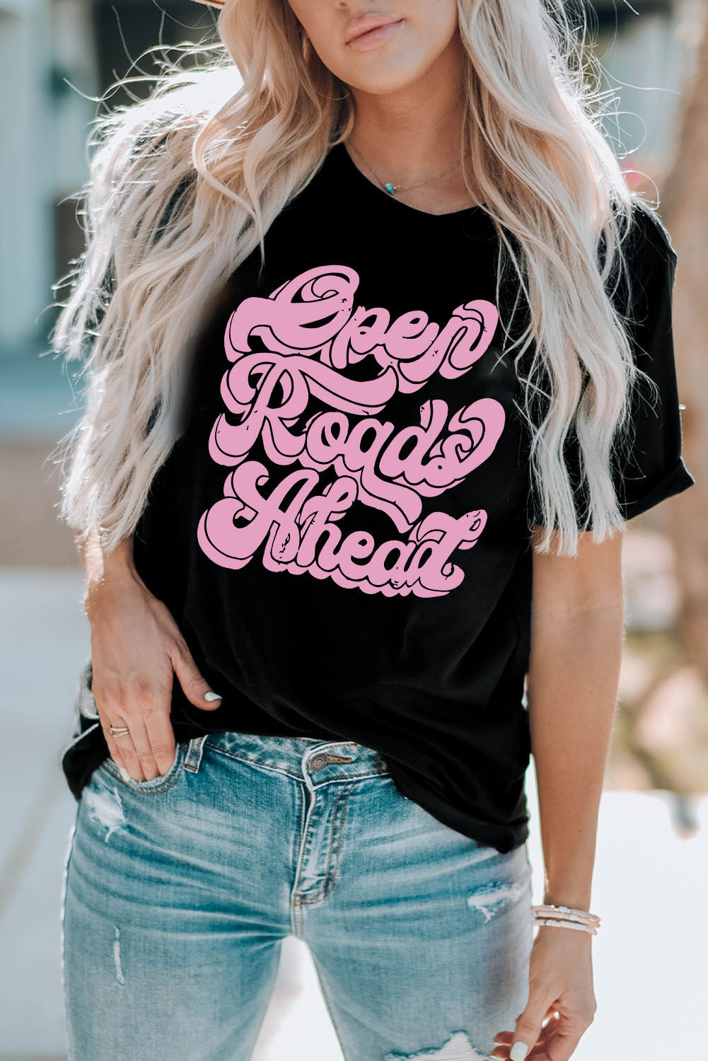 Round Neck Short Sleeve OPEN ROADS AHEAD Graphic Tee