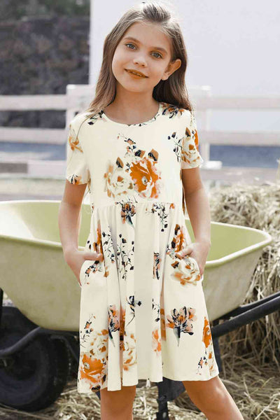 Girls Floral Short Sleeve Round Neck Dress