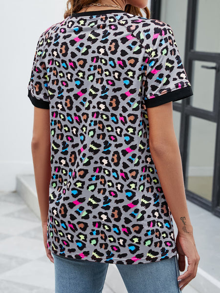 Leopard Round Neck Short Sleeve Tee Shirt