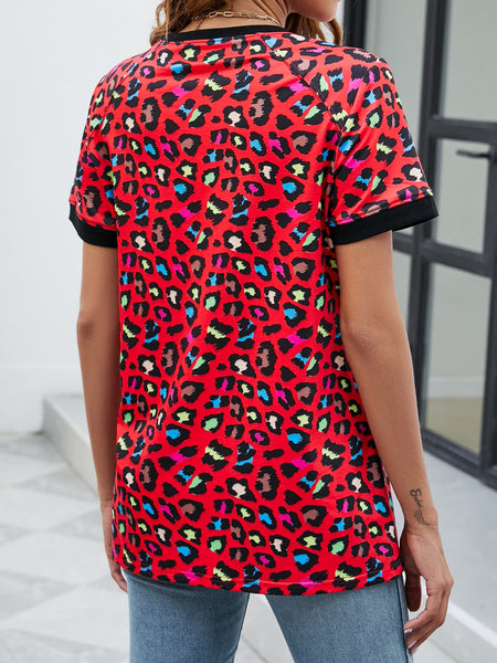 Leopard Round Neck Short Sleeve Tee Shirt